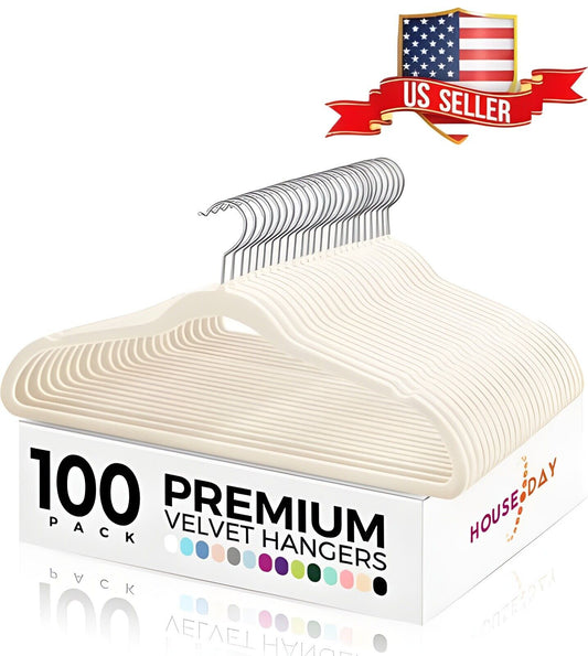 Non-Slip Premium Slim Velvet Clothes Hangers 100 Pack Ivory Space Saving Home