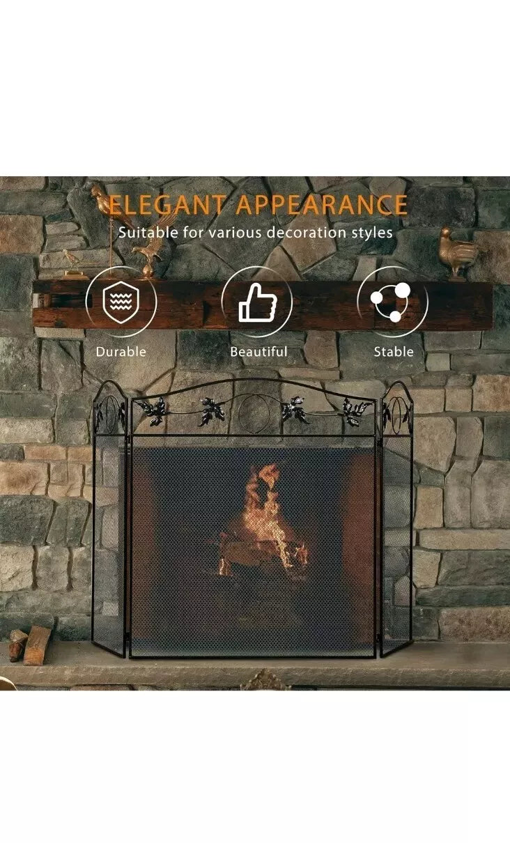 50''x29'' Wrought Iron Metal Fireplace Screen 3 Panel Fire Spark Guard Cover