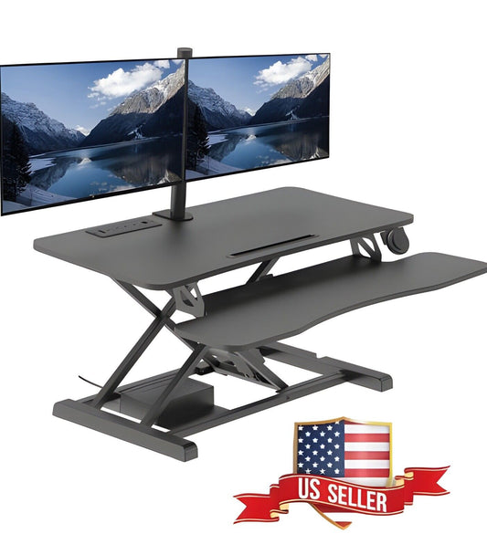 Rocelco 37.4" Electric Standing Desk Converter with Dual Monitor Mount Arm Black