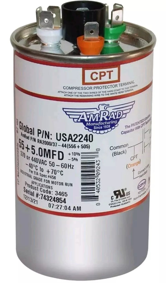 55 + 5 uF MFD x 370 / 440 VAC Motor Run Capacitor AmRad USA2240 - Made in USA