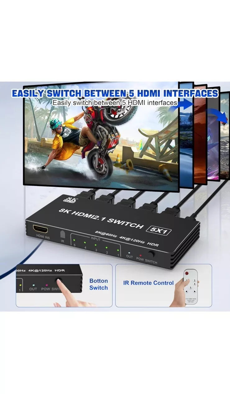 8K HDMI Switch 5 in 1 Out, HDMI 2.1 Switcher Selector 5 Port with IR Remote HDMI