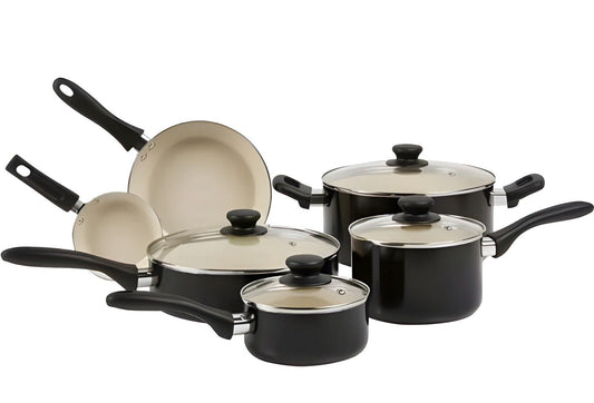 Amazon Basics Ceramic Nonstick Pots and Pans 11 Piece Cookware Set, Black/Cream