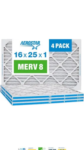 Aerostar 16x25x1 MERV 8 Pleated Air Filter, AC Furnace Air Filter, 4-Pack (Actua