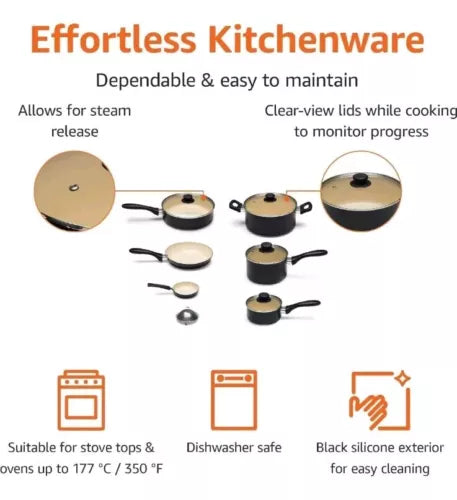 Amazon Basics Ceramic Nonstick Pots and Pans 11 Piece Cookware Set, Black/Cream