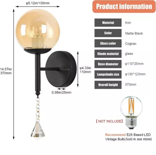 Black Wall Sconce Lighting Mid Century Globe Wall Lamp Bedroom Wall Lights, A...