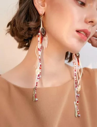 Bohemian Feather Tassel Earrings for Women Shell Beads Long Dangle Design