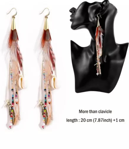 Bohemian Feather Tassel Earrings for Women Shell Beads Long Dangle Design