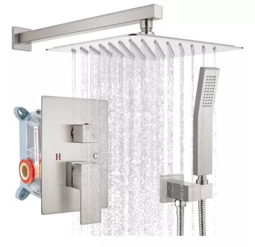 Brush Nickel Rainfall 12" Shower Faucet System High Pressure + Hand Held Luxury