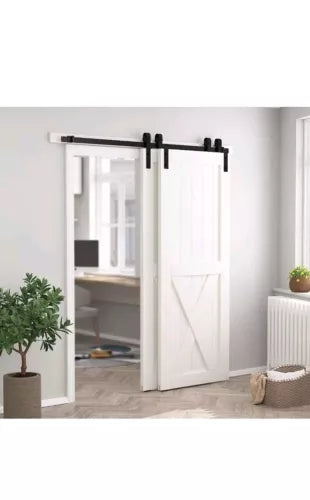 Bypass Sliding Barn Door Hardware Kit, Single Track, One-Piece Rail, Double Wood