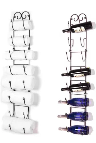 Cast Iron Wall Mount Holder Wine Bottle Rack Brown Finish Bath Towel Home Decor