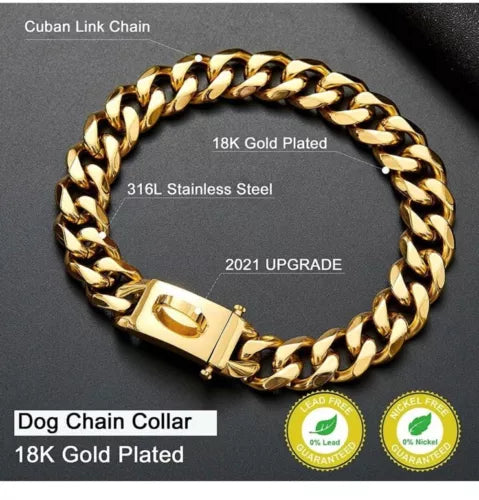 Dog Chain Collar Strong 316 Stl 18k Gold Plated Stainless Steel Cuban Link  26”