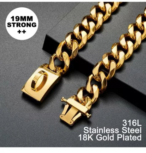 Dog Chain Collar Strong 316 Stl 18k Gold Plated Stainless Steel Cuban Link  26”