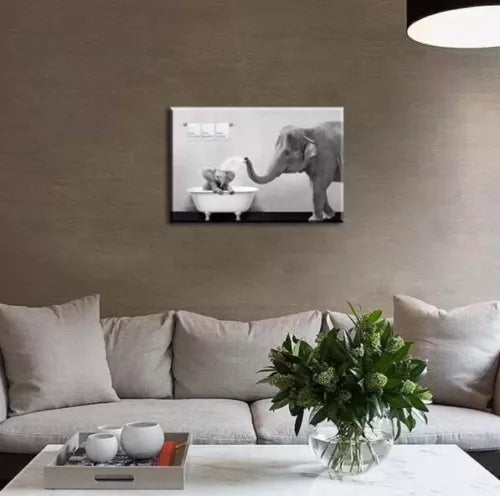Elephant Bathroom Decor Wall Art, Funny Canvas Prints of Mother and Child Pla...