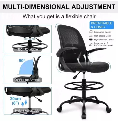 Ergonomic Executive Drafting Chair Tall Home Office Chair With Flip-Up Armrests