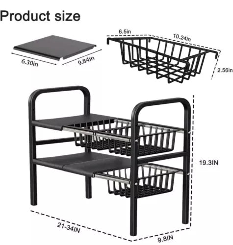 Expandable under Sink Organizer, 2 Tier under Sink Shelf with 3  Baskets