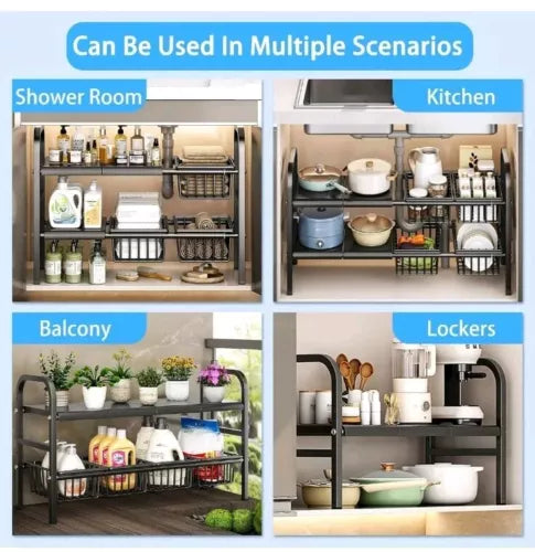 Expandable under Sink Organizer, 2 Tier under Sink Shelf with 3  Baskets