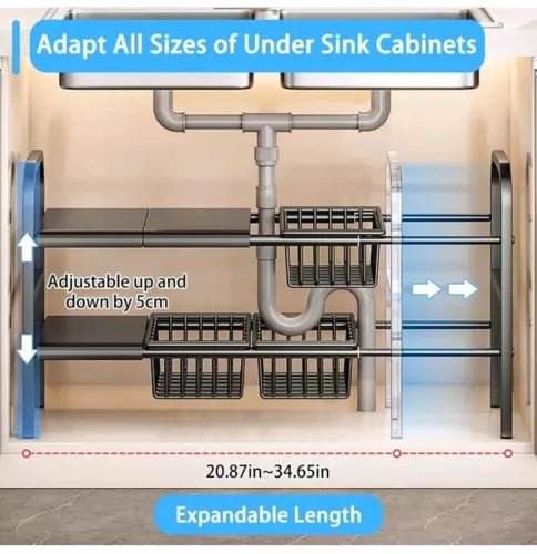 Expandable under Sink Organizer, 2 Tier under Sink Shelf with 3  Baskets