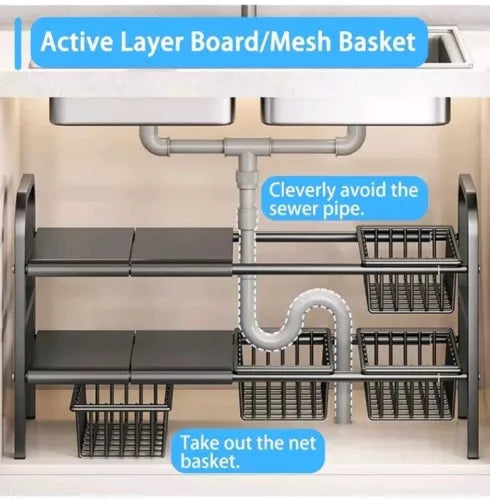 Expandable under Sink Organizer, 2 Tier under Sink Shelf with 3  Baskets