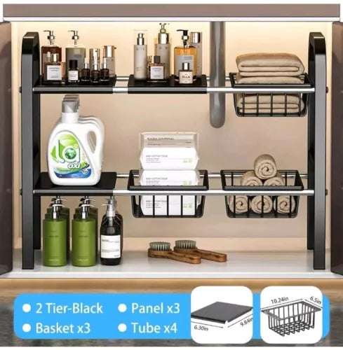 Expandable under Sink Organizer, 2 Tier under Sink Shelf with 3  Baskets