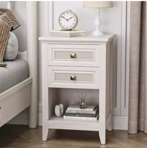 Farmhouse Nightstand Boho Bedside Table 2 Rattan Decor Drawers Accent End Table