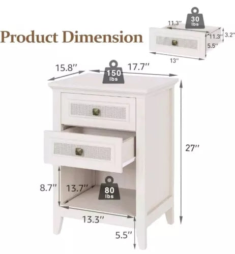 Farmhouse Nightstand Boho Bedside Table 2 Rattan Decor Drawers Accent End Table