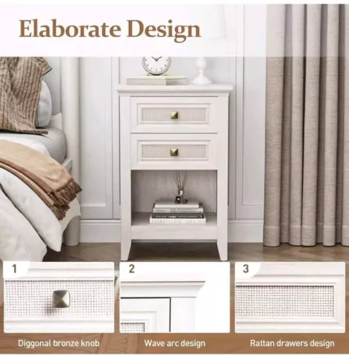 Farmhouse Nightstand Boho Bedside Table 2 Rattan Decor Drawers Accent End Table