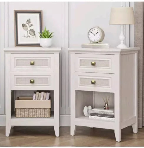 Farmhouse Nightstand Boho Bedside Table 2 Rattan Decor Drawers Accent End Table