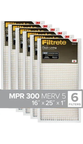 Filtrete 16x25x1, AC Furnace Air Filter MPR 300 Clean Living Basic Dust 6 Pack