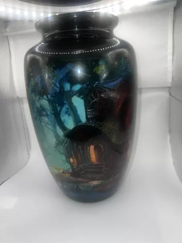 Fish And Cabin Printed Urn Vase Missing Lid Still Nice Art Vase