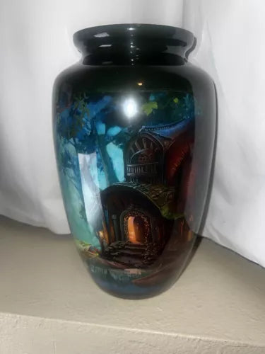 Fish And Cabin Printed Urn Vase Missing Lid Still Nice Art Vase