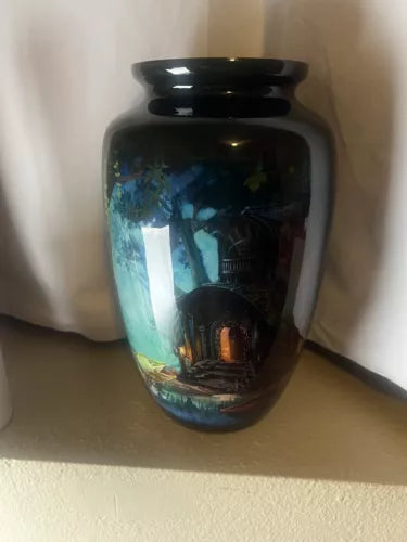 Fish And Cabin Printed Urn Vase Missing Lid Still Nice Art Vase