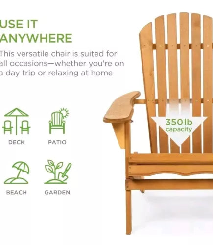 Folding Adirondack Chair Outdoor, Wooden Accent Lounge Furniture 350lb Capacity