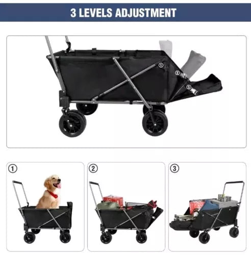 Folding Dog Wagon Cart with Extendable Rear End, Heavy Duty, 220Lbs