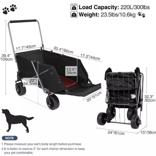Folding Dog Wagon Cart with Extendable Rear End, Heavy Duty, 220Lbs