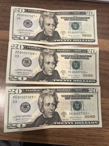Lot Of 3 Sequenced $20 DOLLAR BILL STAR NOTE LOW NUMBERS UNCIRCULATED MINT