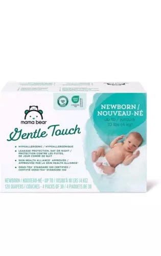 Mama Bear Gentle Touch Diapers, Hypoallergenic, Newborn, 120 Count 4 Pack of 30