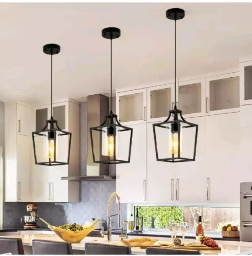 Modern Farmhouse Black Pendant Lighting Rod-Hung Kitchen Pendant Lights Lantern