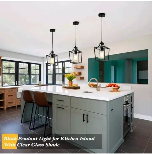 Modern Farmhouse Black Pendant Lighting Rod-Hung Kitchen Pendant Lights Lantern