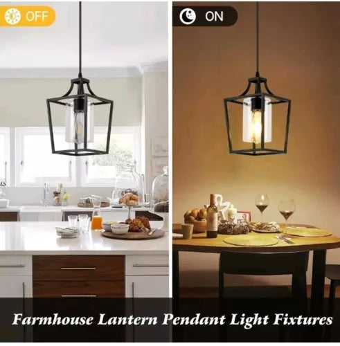 Modern Farmhouse Black Pendant Lighting Rod-Hung Kitchen Pendant Lights Lantern