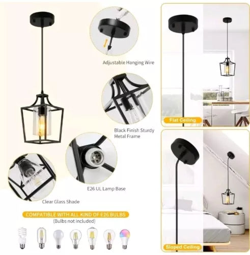 Modern Farmhouse Black Pendant Lighting Rod-Hung Kitchen Pendant Lights Lantern