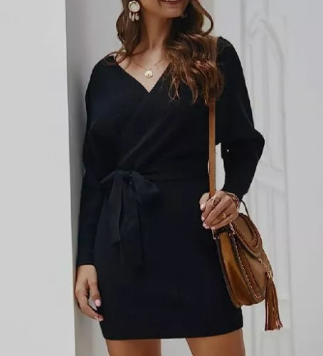Womens  Cocktail Batwing Long Sleeve Backless Mock Wrap Knit Sweater No Belt