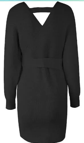 Womens  Cocktail Batwing Long Sleeve Backless Mock Wrap Knit Sweater No Belt