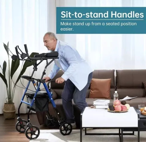 ✨ ELENKER Upright Walker Stand Up Rollator Walker Padded Seat & Backrest,Blue