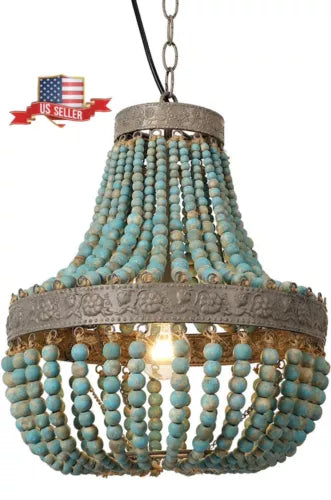 US Plug Wood Beads Chandelier Pendant Light Lamp Lighting Ceiling Fixture Blue