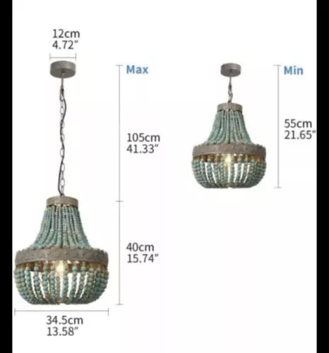 US Plug Wood Beads Chandelier Pendant Light Lamp Lighting Ceiling Fixture Blue