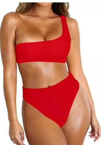 NEW Byoauo Womens Sm Red Bikini One Shoulder Top with High Waisted Bottom