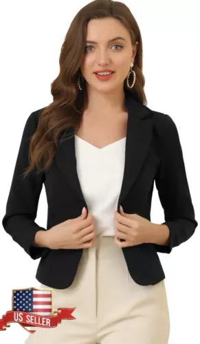 NEW Allegra K Women's Open Front Lightweight Crop Blazer Size Small Black Large