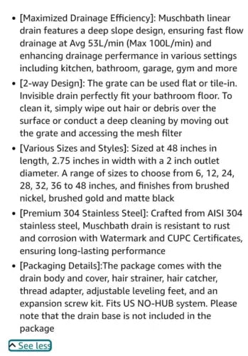 Muschbath Liner Shower Drain 48" Matte Black, Tile Insert