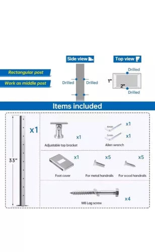 Muzata Intermediate Post Level Drilled 42"X1"X2"(Post Body 40") Stainless Steel