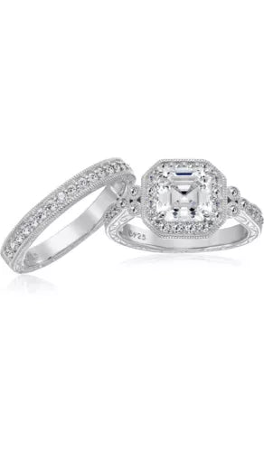 Platinum Plated Sterling Silver .925 Antique Ring Set with Asscher-Cut Infini
